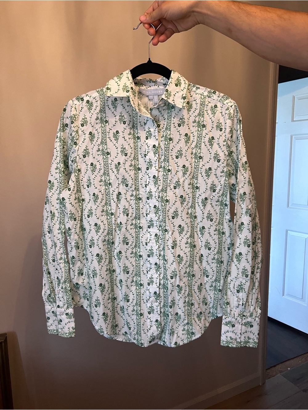 Hill House James Shirt White Button-Down Shirt with Green Floral Print NWT